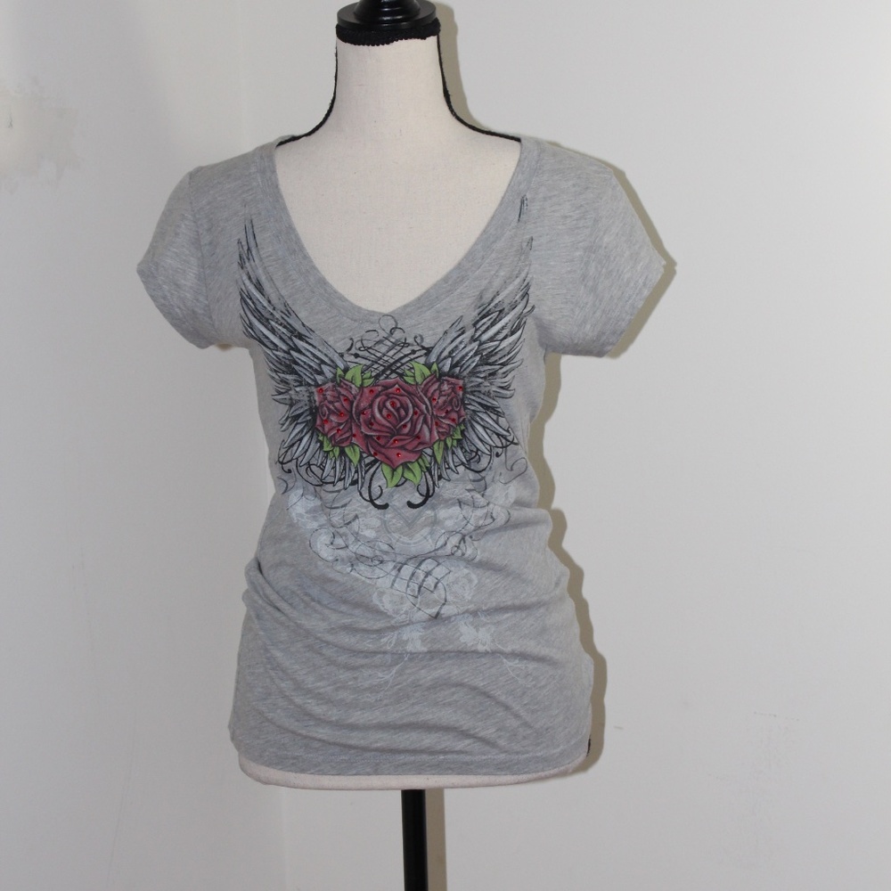 Stranded, wings and roses rhinestone bejeweled short sleeve fitted V neck shirt